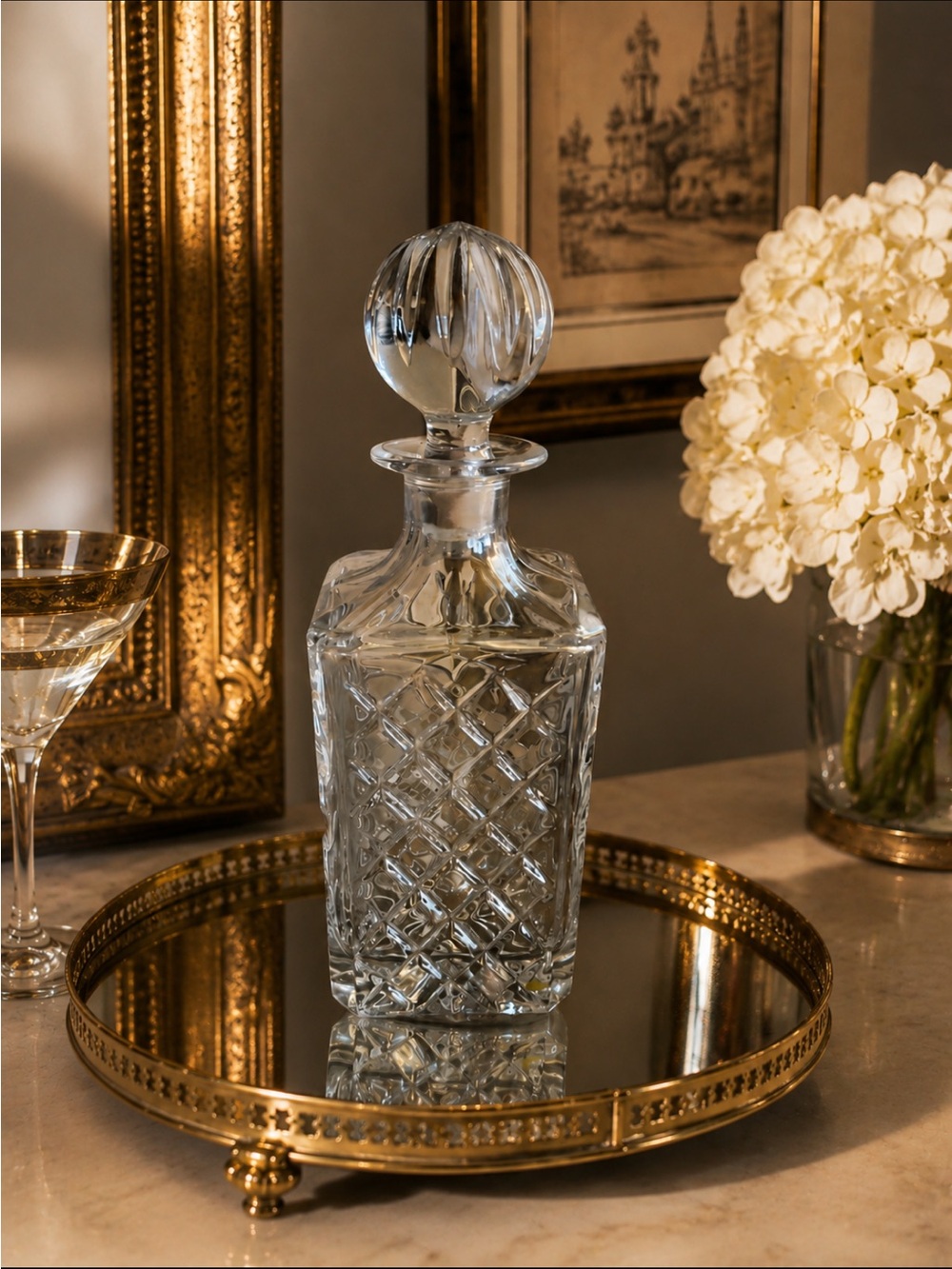Vintage BLOCK Crystal Decanter Cut Glass Diamond Pattern ~Ball Stopper ~10”